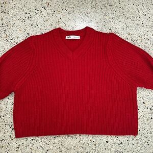 Zara red crop neck sweater medium m holiday